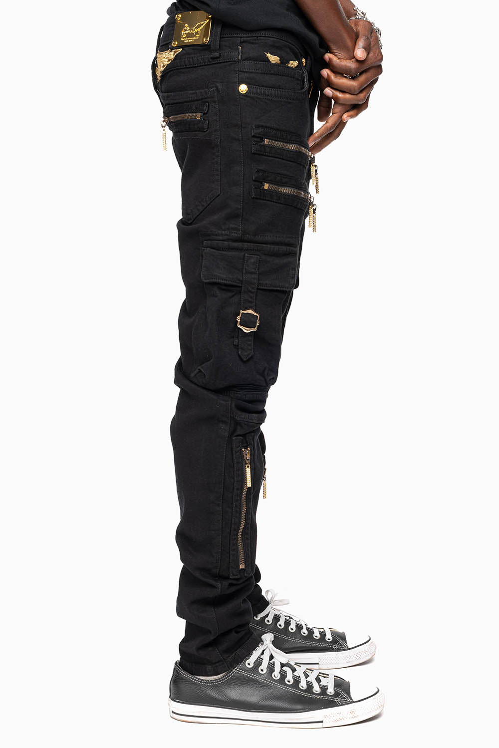 MEN’S  MILITARY STYLE CARGO MOTO- ZIP JEANS IN PURE BLACK