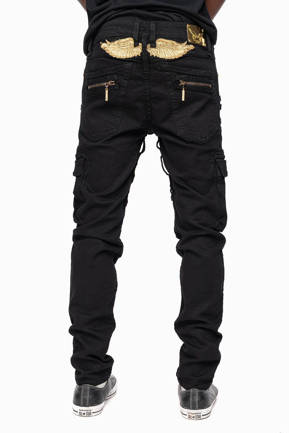 MEN’S  MILITARY STYLE CARGO MOTO- ZIP JEANS IN PURE BLACK