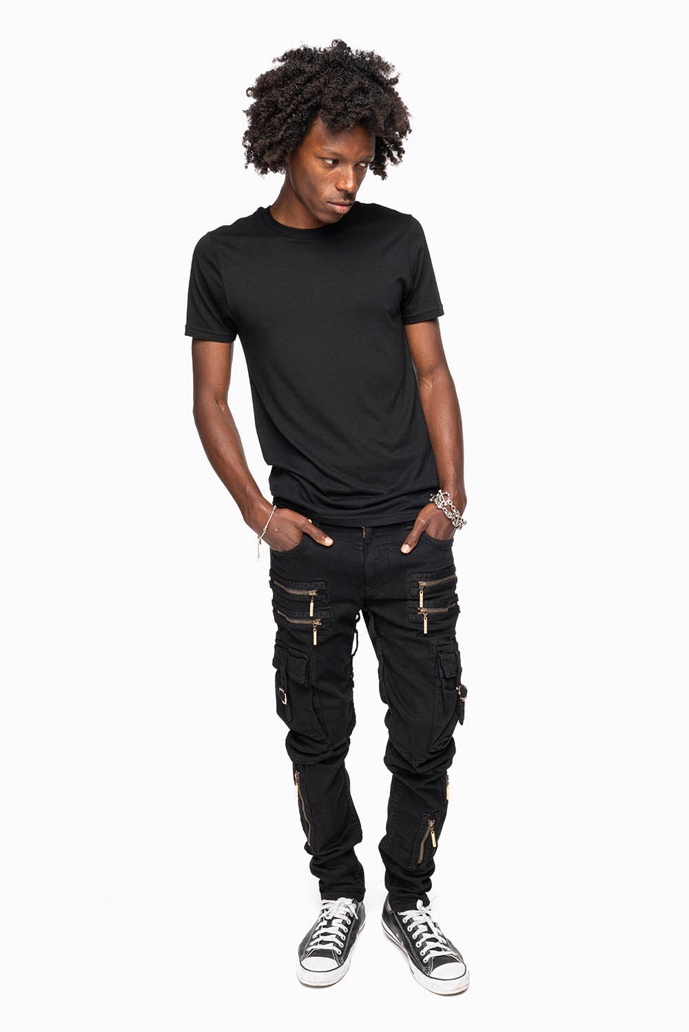 MEN’S  MILITARY STYLE CARGO MOTO- ZIP JEANS IN PURE BLACK