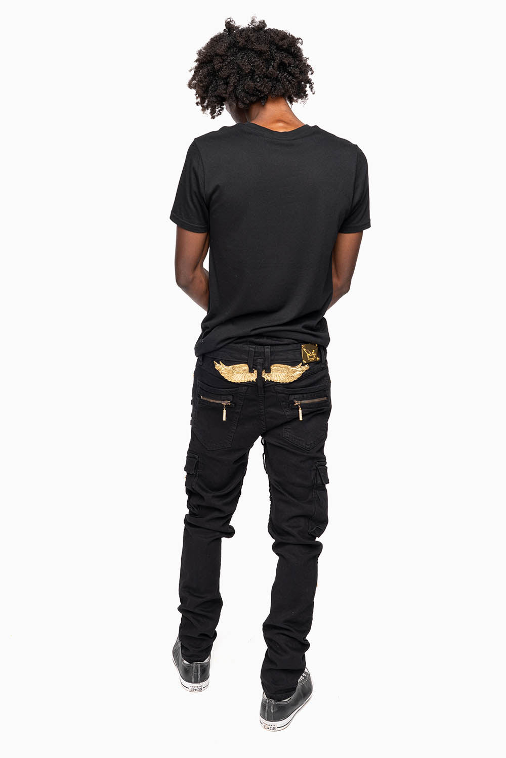 MEN’S  MILITARY STYLE CARGO MOTO- ZIP JEANS IN PURE BLACK