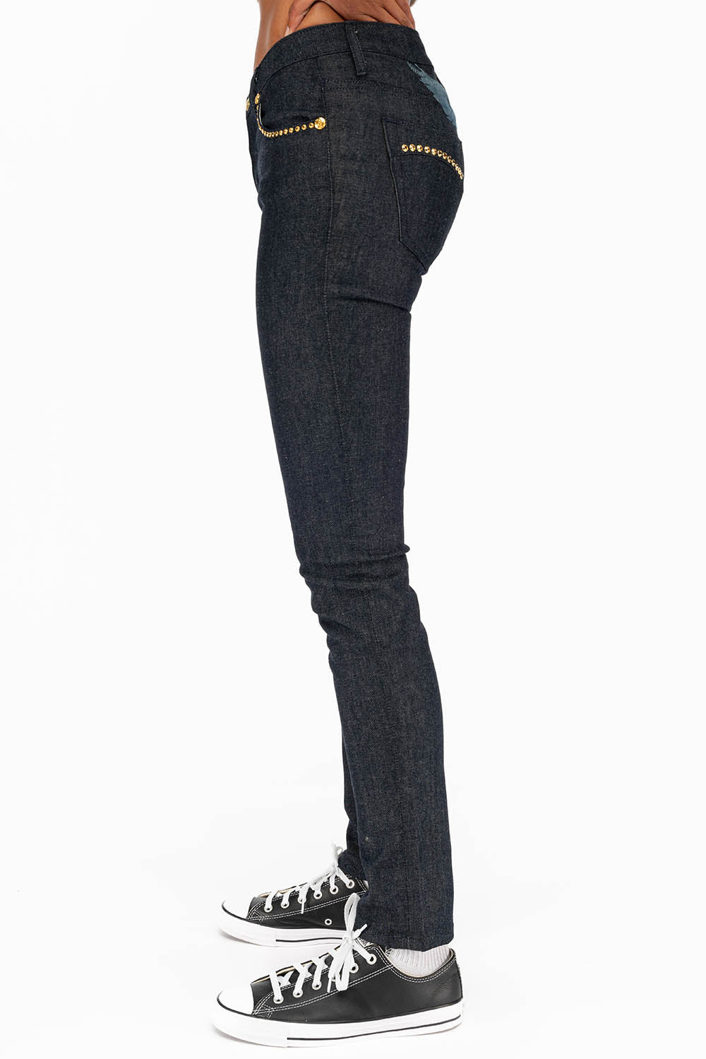 WOMENS CLASSIC 5 POCKET SKINNY JEANS WITH GOLD CRYSTALS IN RAW