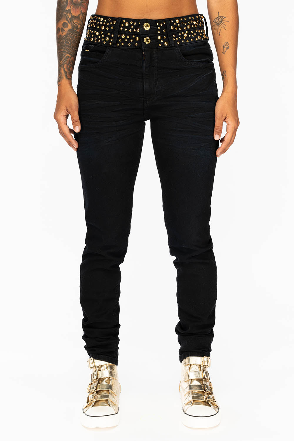 ROBIN'S DOUBLE WAIST SKINNY JEAN IN F-UP BLACK WITH CRYSTALS, SPIKES & NAILHEADS