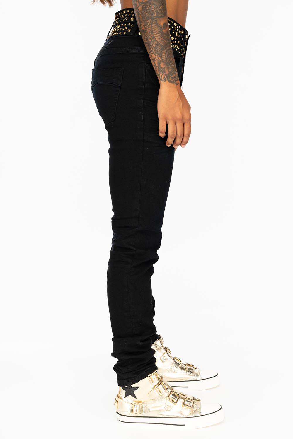 ROBIN'S DOUBLE WAIST SKINNY JEAN IN F-UP BLACK WITH CRYSTALS, SPIKES & NAILHEADS