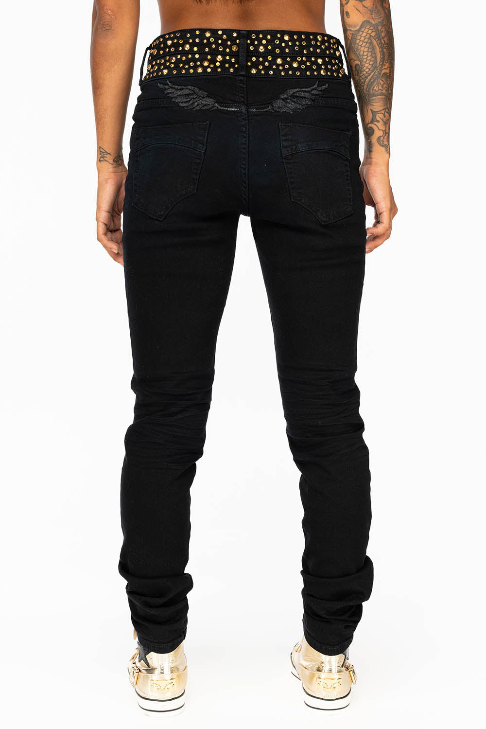 ROBIN'S DOUBLE WAIST SKINNY JEAN IN F-UP BLACK WITH CRYSTALS, SPIKES & NAILHEADS