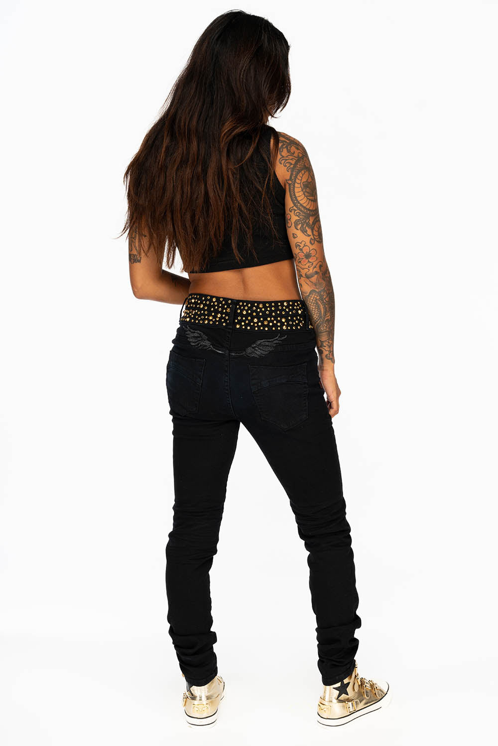 ROBIN'S DOUBLE WAIST SKINNY JEAN IN F-UP BLACK WITH CRYSTALS, SPIKES & NAILHEADS