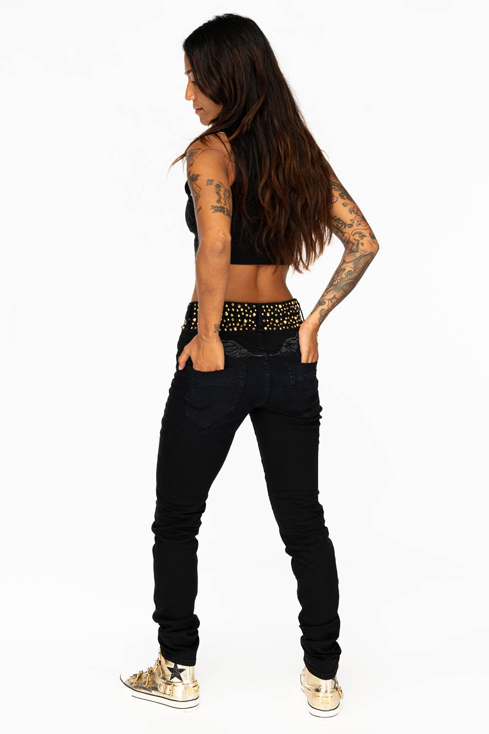 ROBIN'S DOUBLE WAIST SKINNY JEAN IN F-UP BLACK WITH CRYSTALS, SPIKES & NAILHEADS