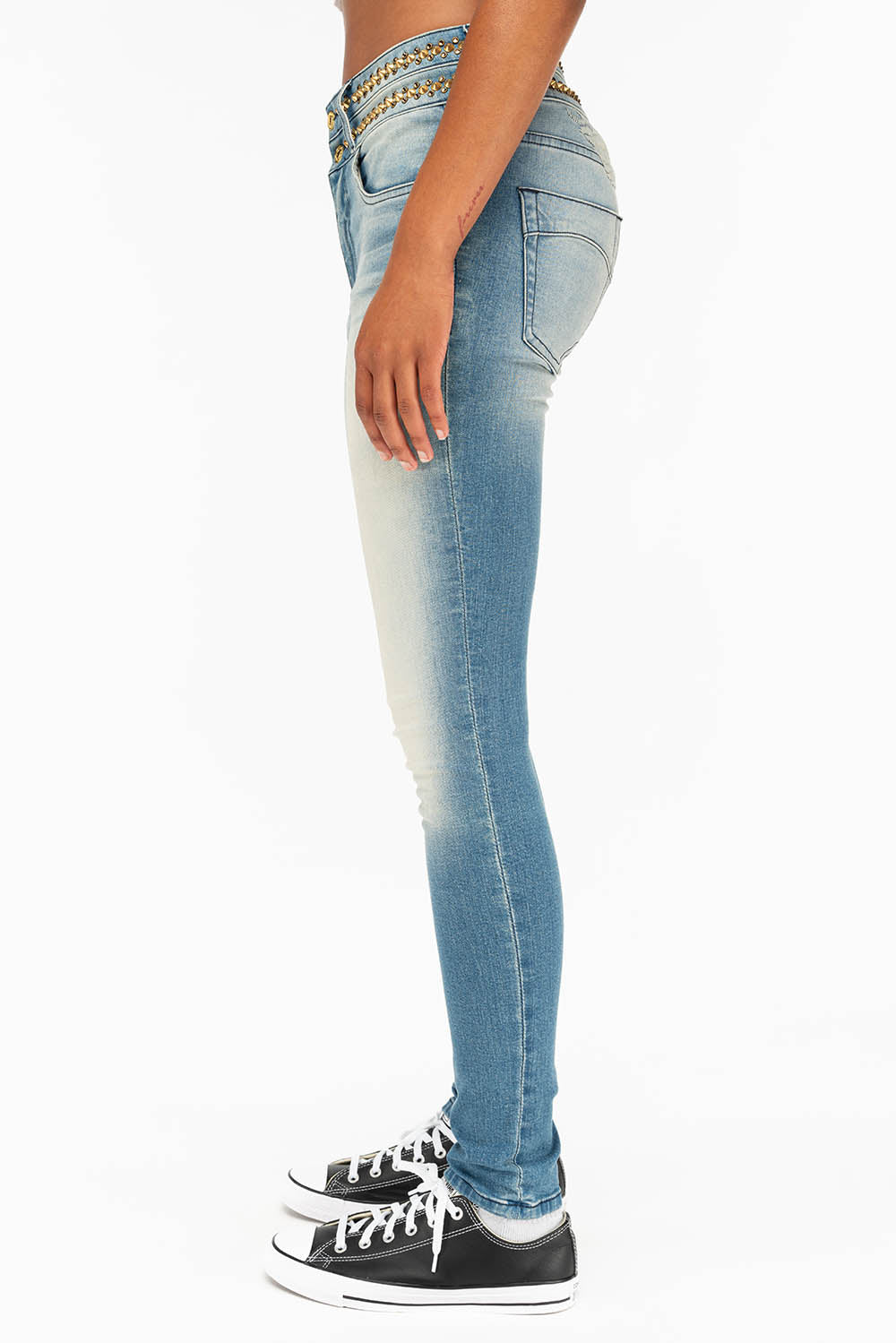 ROBIN'S DOUBLE WAIST SKINNY IN ANTIQUE LIGHT BLUE WITH CRYSTALS AND SPIKES