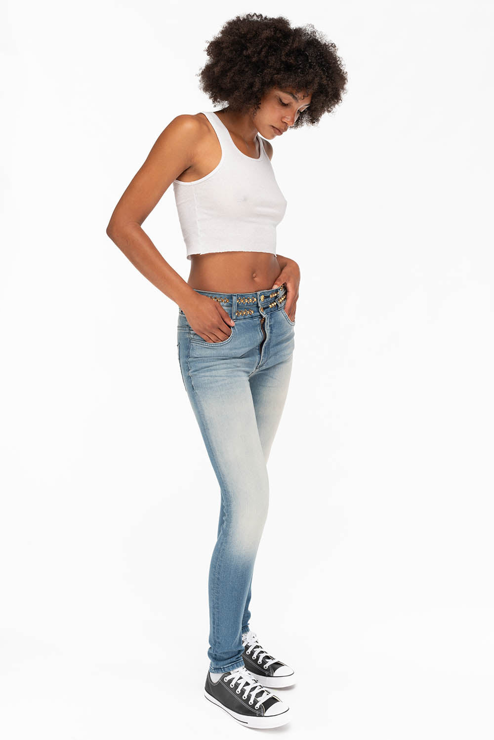 ROBIN'S DOUBLE WAIST SKINNY IN ANTIQUE LIGHT BLUE WITH CRYSTALS AND SPIKES