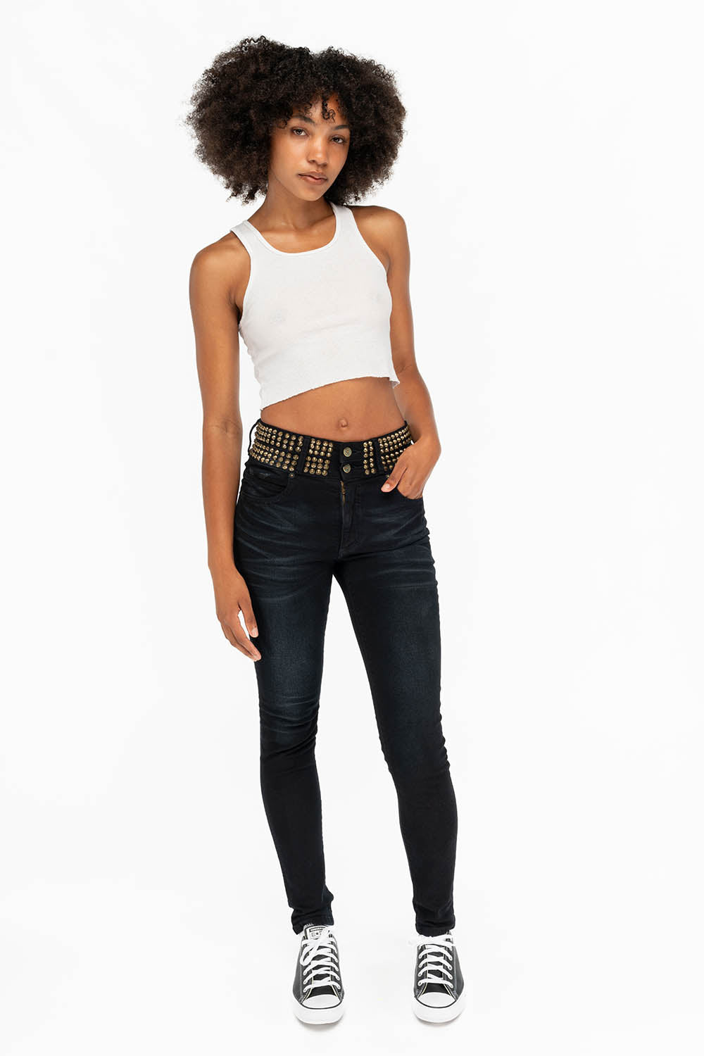 ROBIN'S DOUBLE WAIST SKINNY WITH SPIKES IN F-UP BLACK