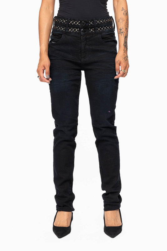 ROBIN'S DOUBLE WAIST SKINNY IN PURE BLACK WITH CRYSTALS