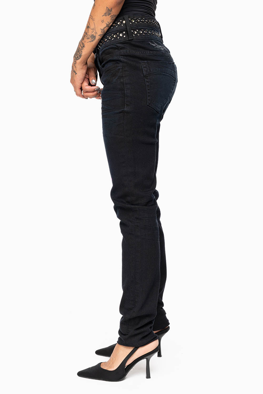 ROBIN'S DOUBLE WAIST SKINNY IN PURE BLACK WITH CRYSTALS