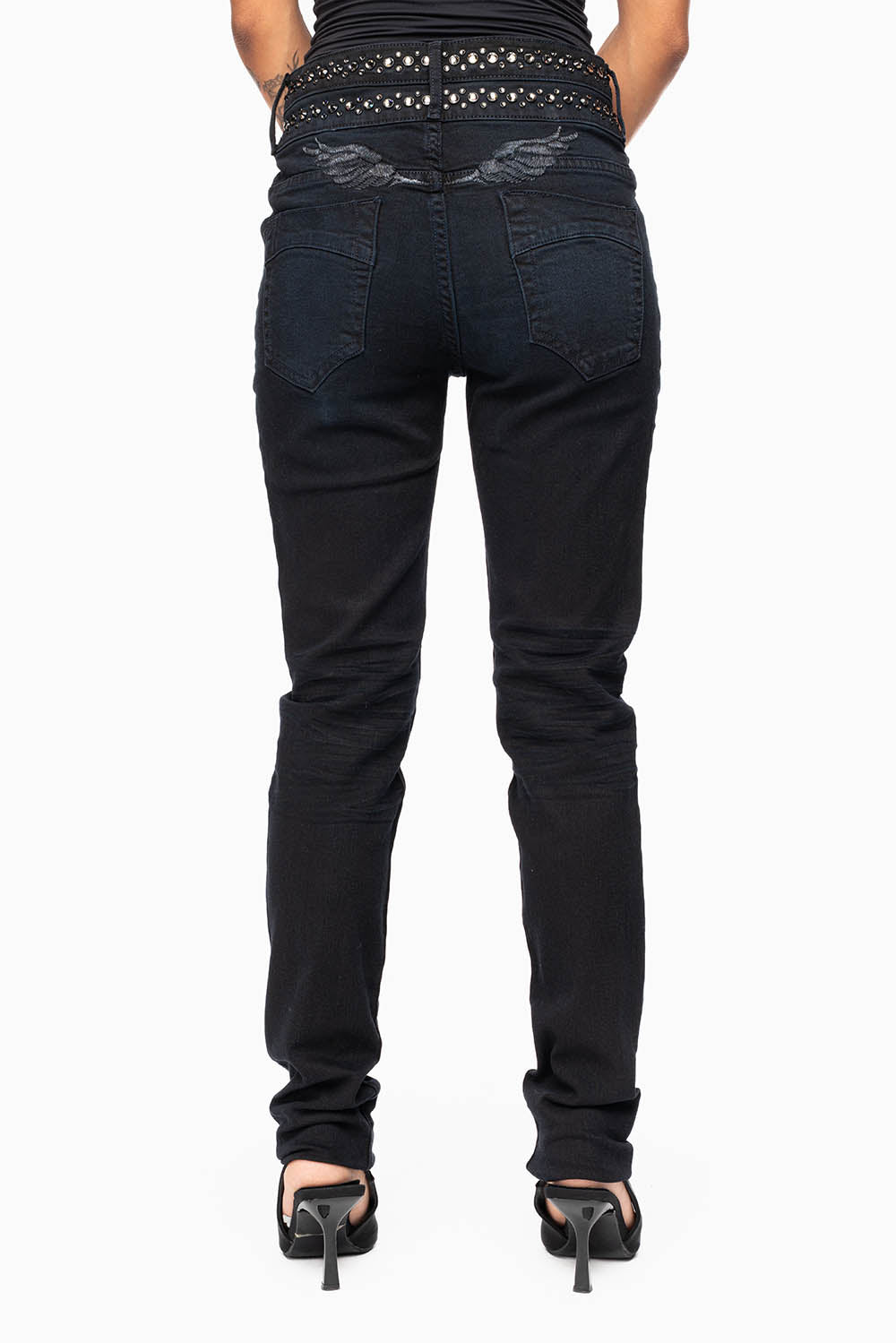ROBIN'S DOUBLE WAIST SKINNY IN PURE BLACK WITH CRYSTALS
