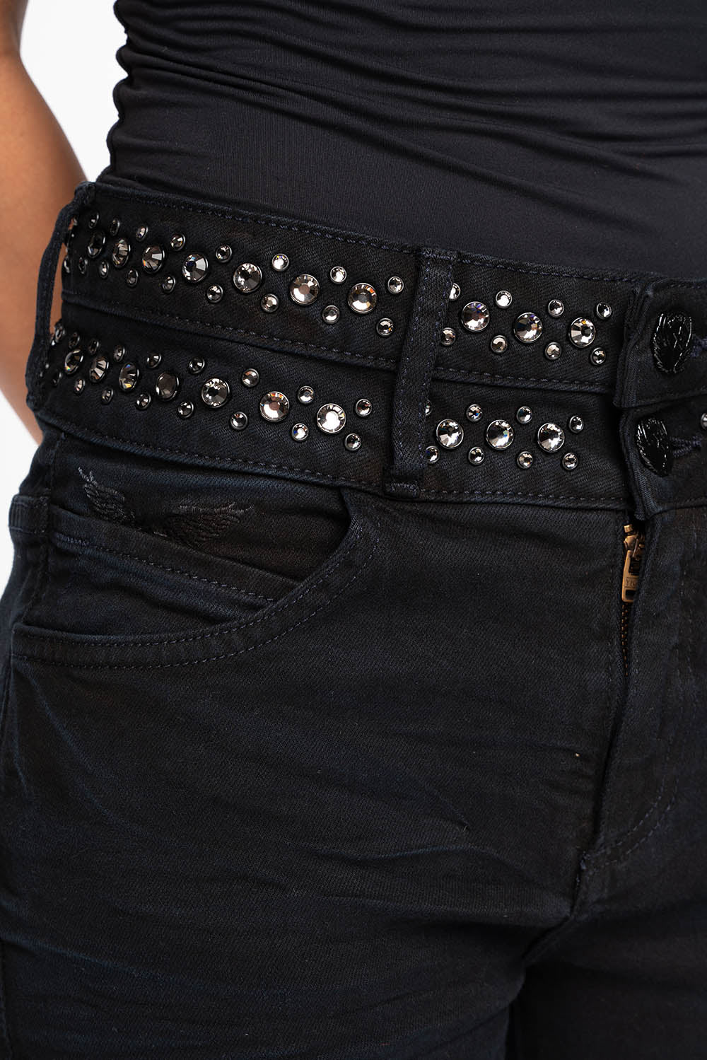 ROBIN'S DOUBLE WAIST SKINNY IN PURE BLACK WITH CRYSTALS