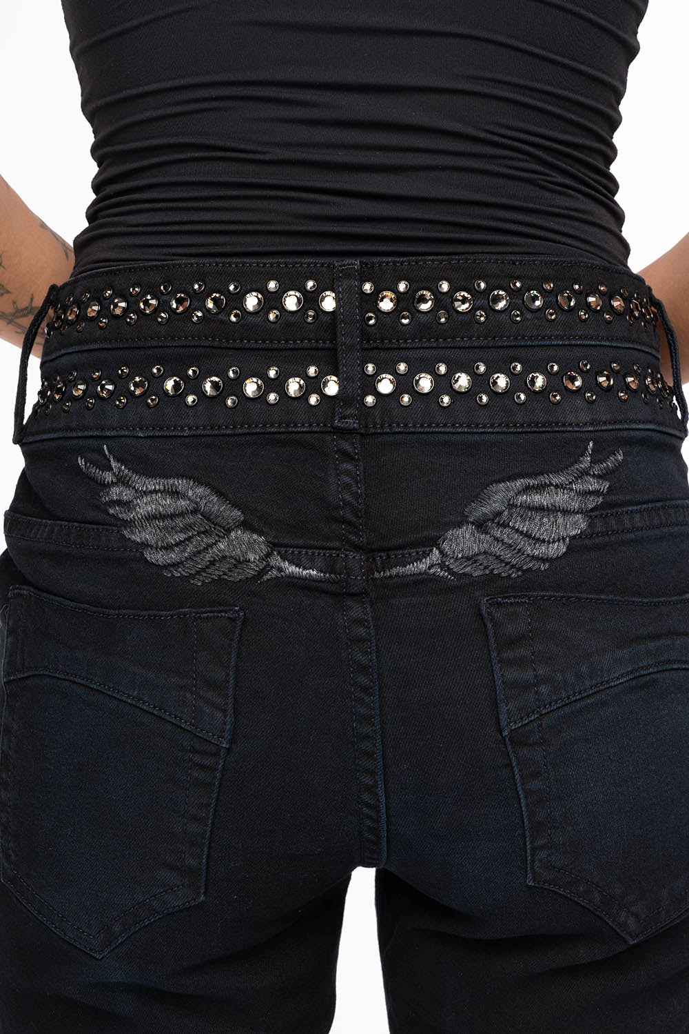 ROBIN'S DOUBLE WAIST SKINNY IN PURE BLACK WITH CRYSTALS