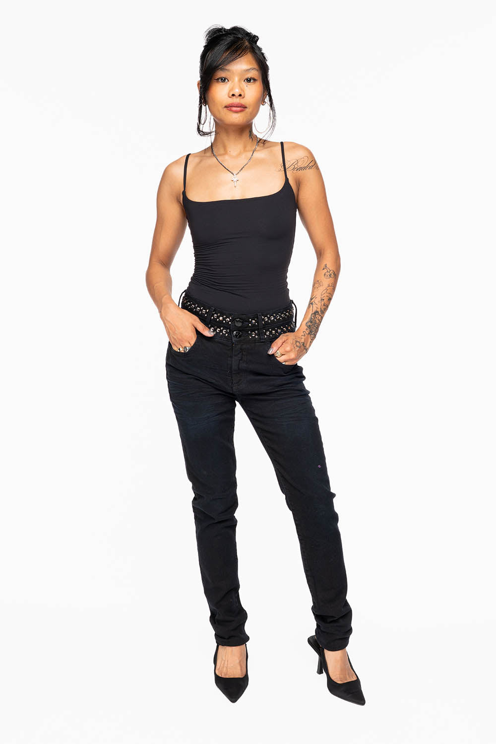 ROBIN'S DOUBLE WAIST SKINNY IN PURE BLACK WITH CRYSTALS