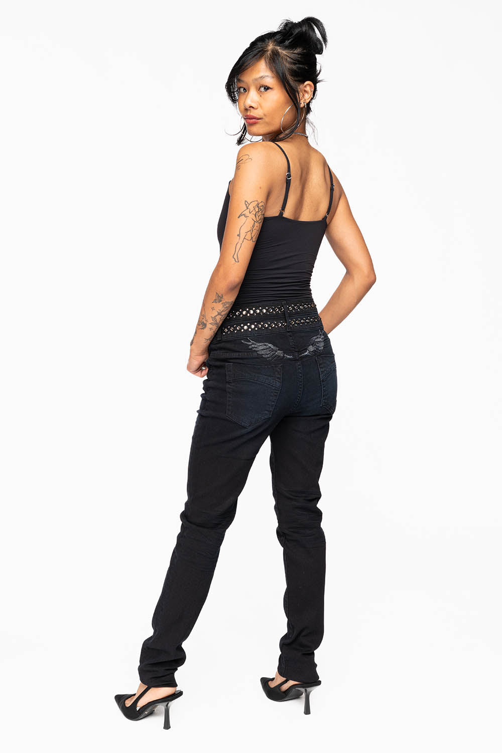 ROBIN'S DOUBLE WAIST SKINNY IN PURE BLACK WITH CRYSTALS