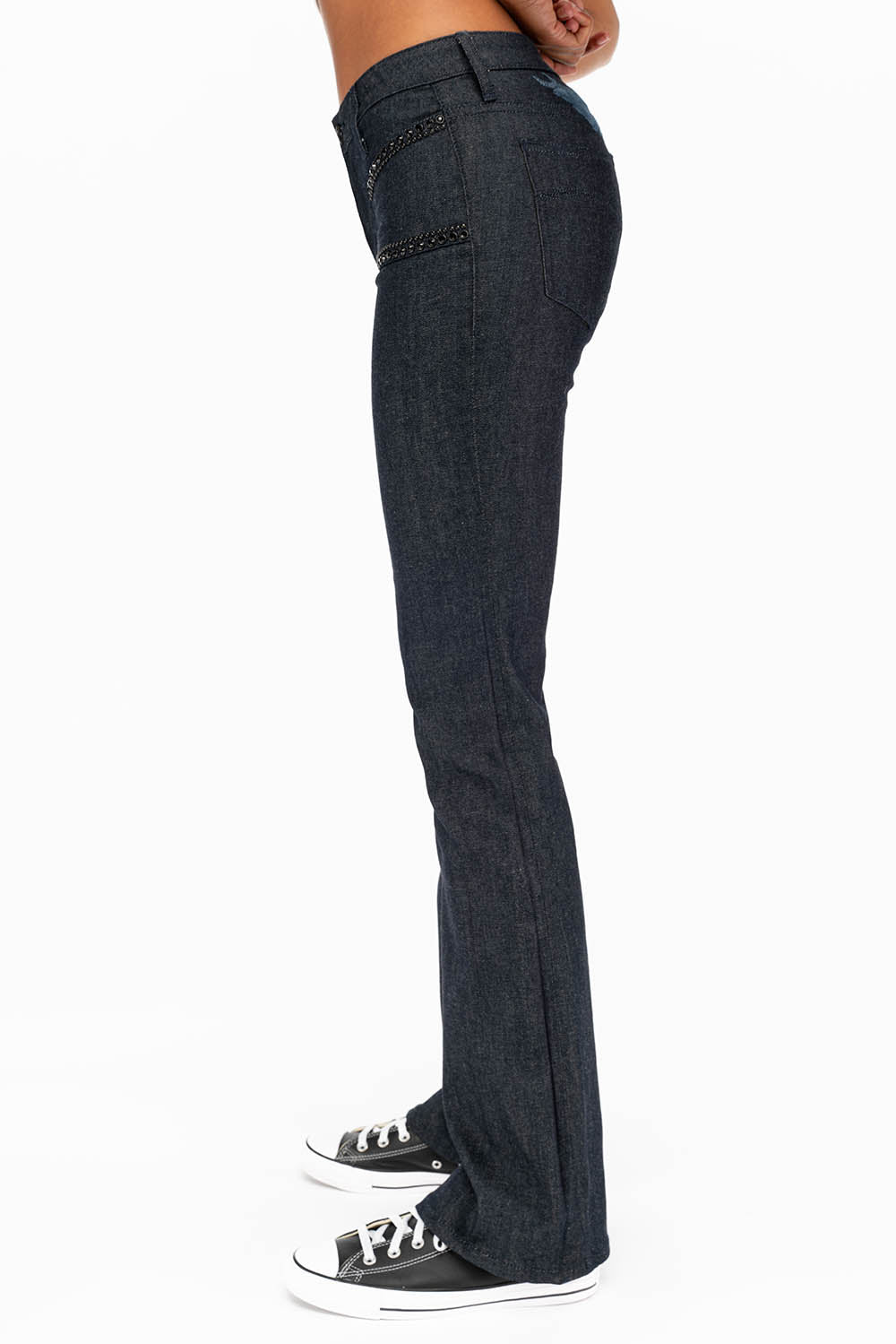 WOMENS SIDE SEAM FRONT POCKETS BOOT LEG JEANS WITH JET BLACK CRYSTALS IN RAW