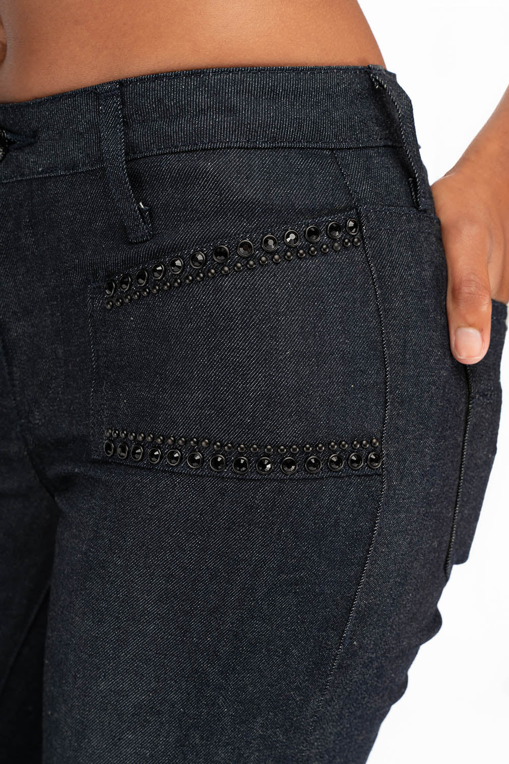 WOMENS SIDE SEAM FRONT POCKETS BOOT LEG JEANS WITH JET BLACK CRYSTALS IN RAW