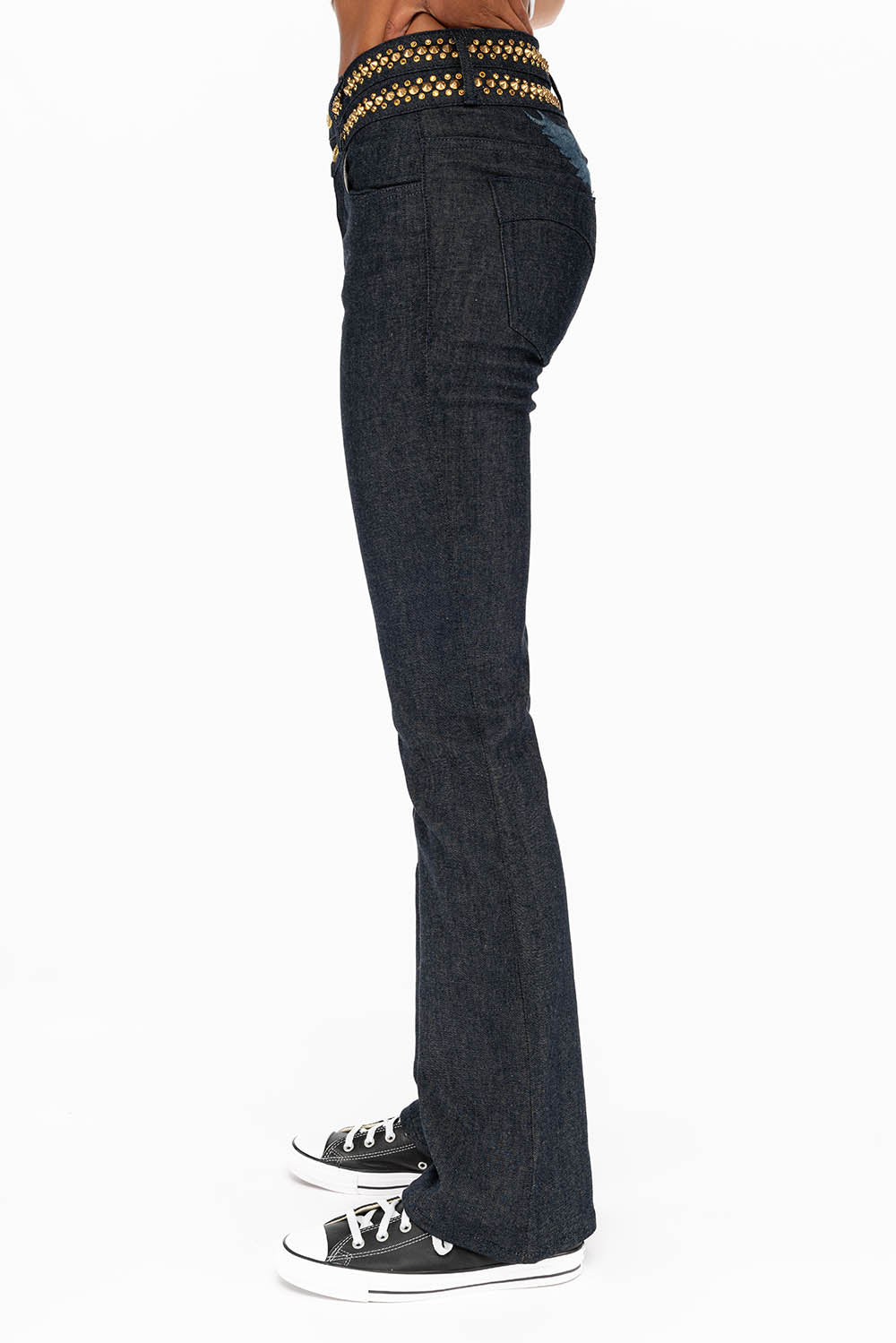 WOMENS DOUBLE WAISTBAND HIGH RISE BOOT LEG JEANS WITH AURUM CRYSTALS IN RAW