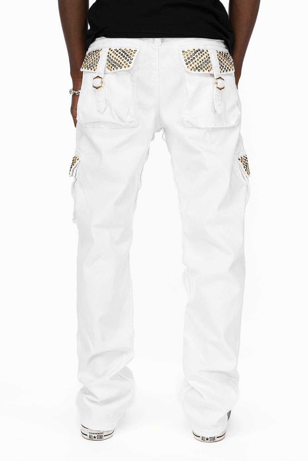 ROBINS NEW MILITARY STYLE CARGO PANTS IN WHITE WITH BLK DIAMOND AND AURUM CRYSTALS