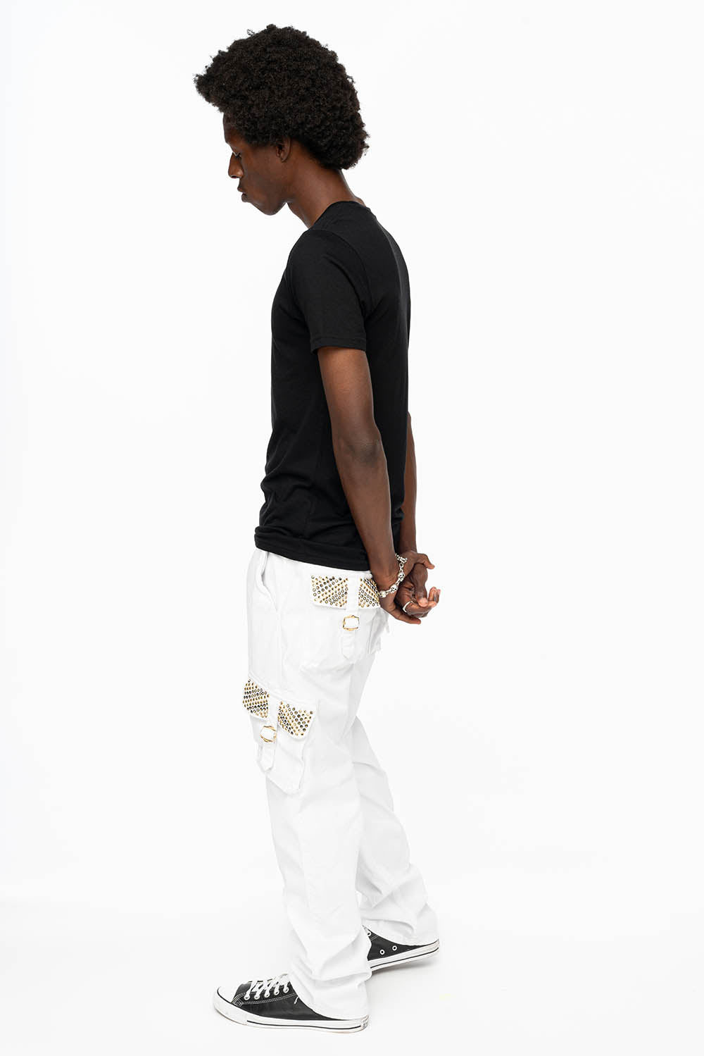 ROBINS NEW MILITARY STYLE CARGO PANTS IN WHITE WITH BLK DIAMOND AND AURUM CRYSTALS