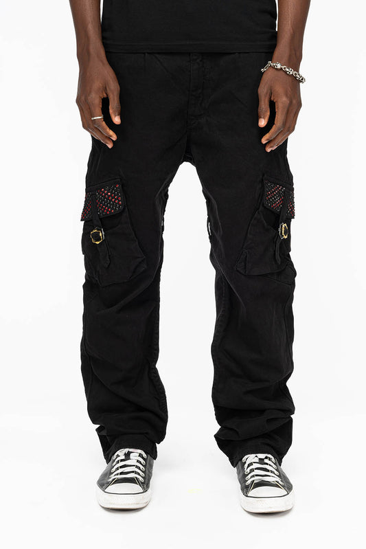 ROBINS NEW MILITARY STYLE CARGO PANTS IN BLACK WITH JET BLACK AND RED CRYSTALS