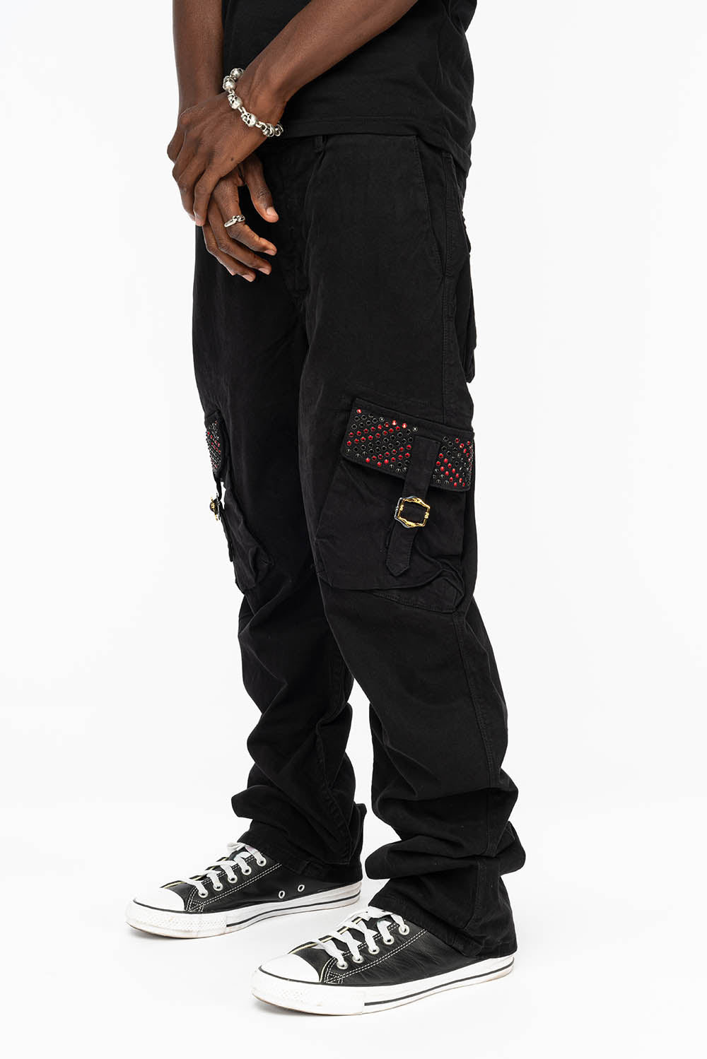 ROBINS NEW MILITARY STYLE CARGO PANTS IN BLACK WITH JET BLACK AND RED CRYSTALS