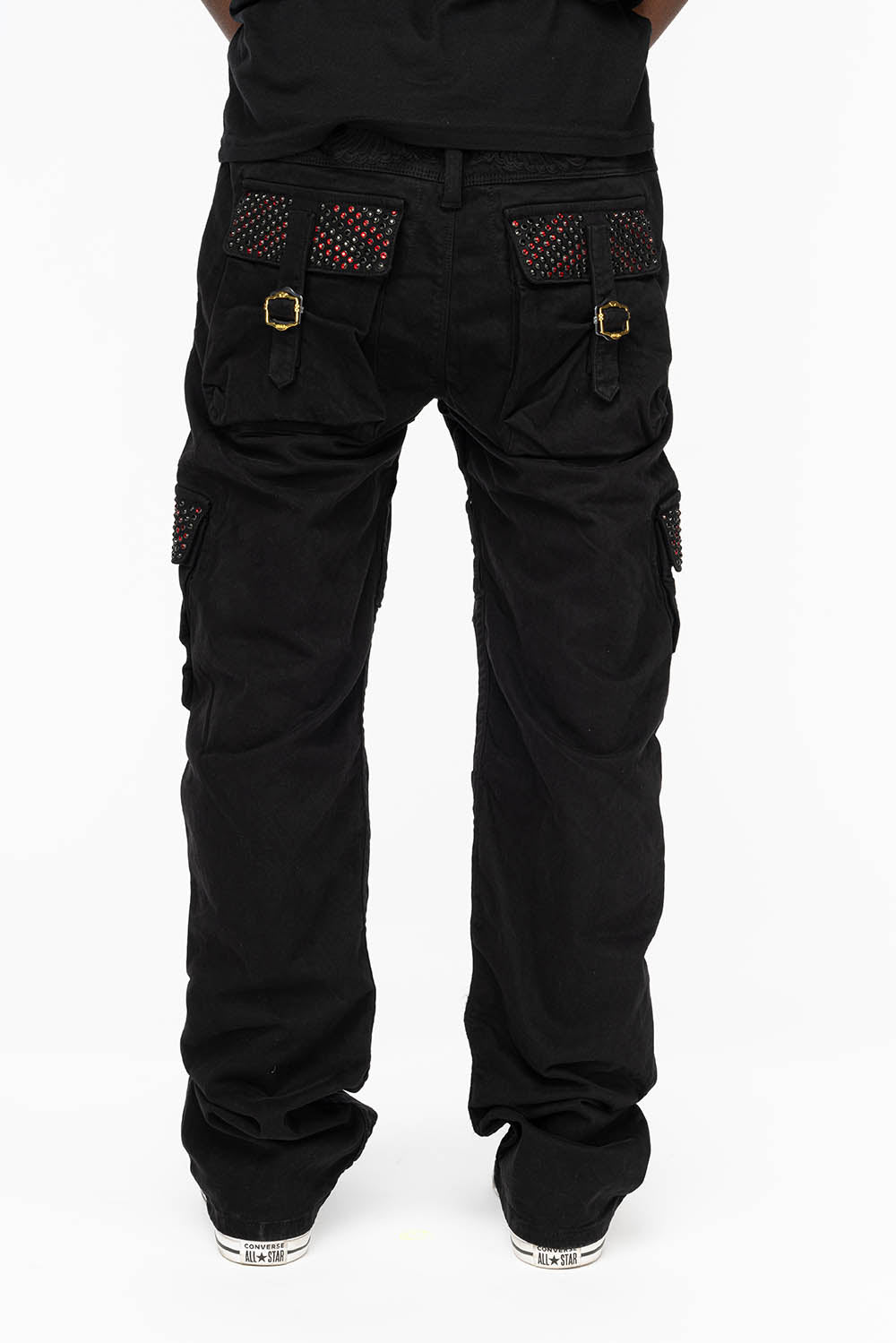 ROBINS NEW MILITARY STYLE CARGO PANTS IN BLACK WITH JET BLACK AND RED CRYSTALS