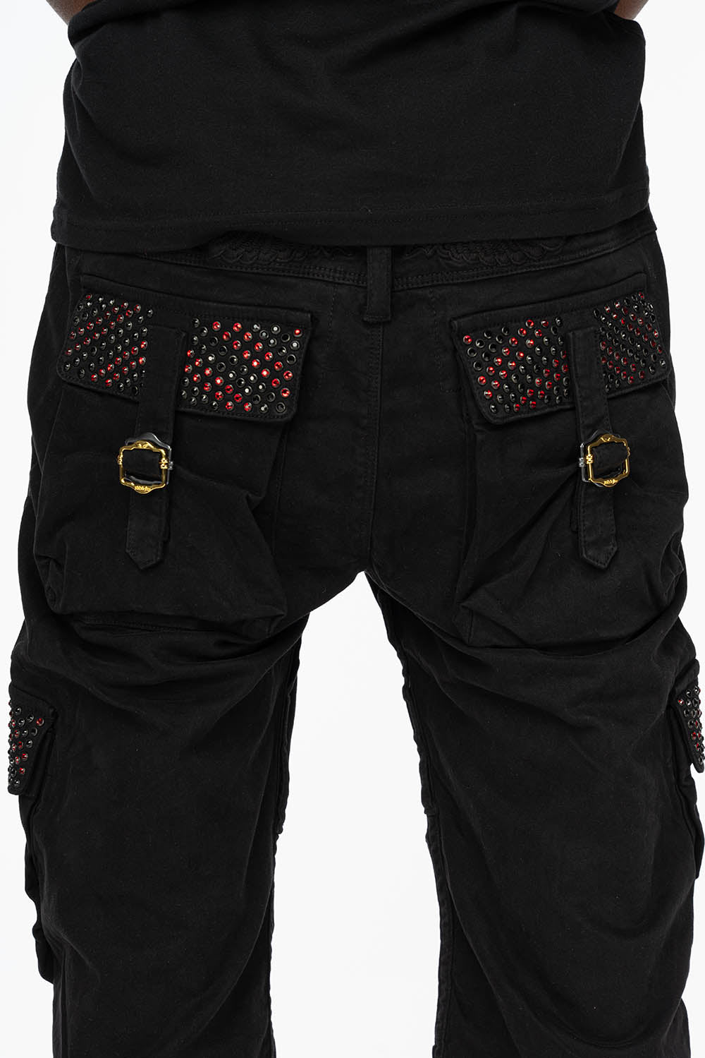 ROBINS NEW MILITARY STYLE CARGO PANTS IN BLACK WITH JET BLACK AND RED CRYSTALS