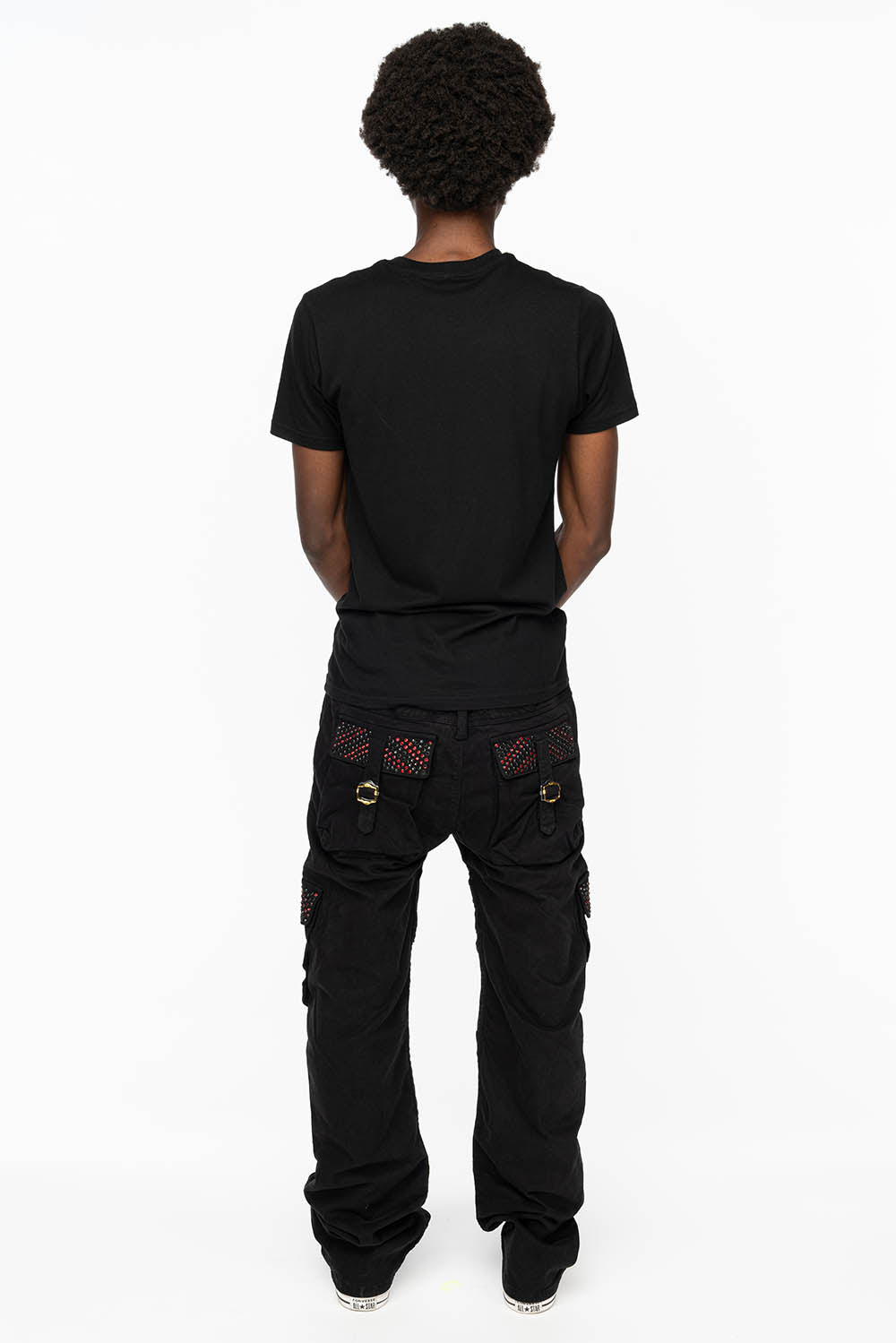 ROBINS NEW MILITARY STYLE CARGO PANTS IN BLACK WITH JET BLACK AND RED CRYSTALS