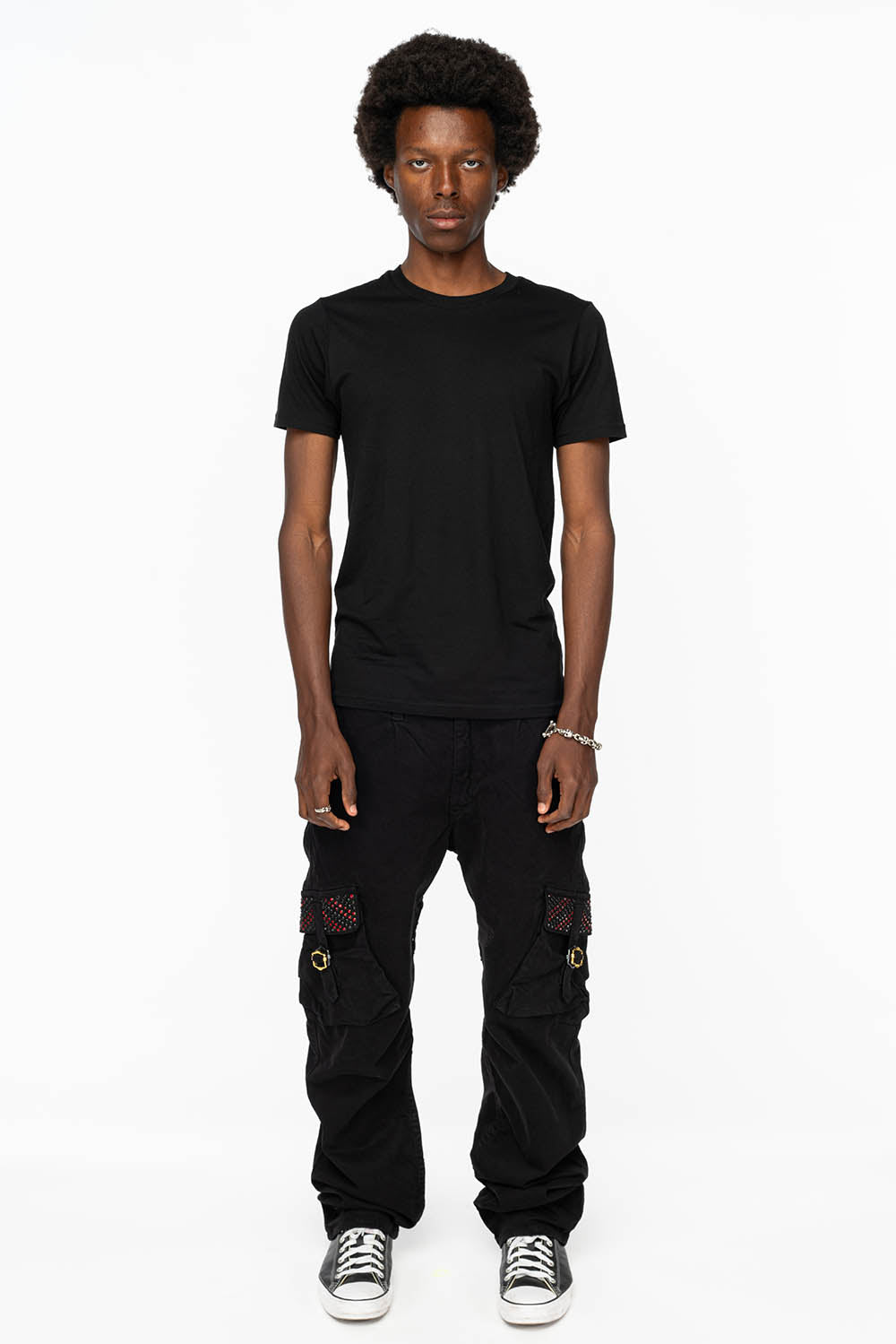 ROBINS NEW MILITARY STYLE CARGO PANTS IN BLACK WITH JET BLACK AND RED CRYSTALS