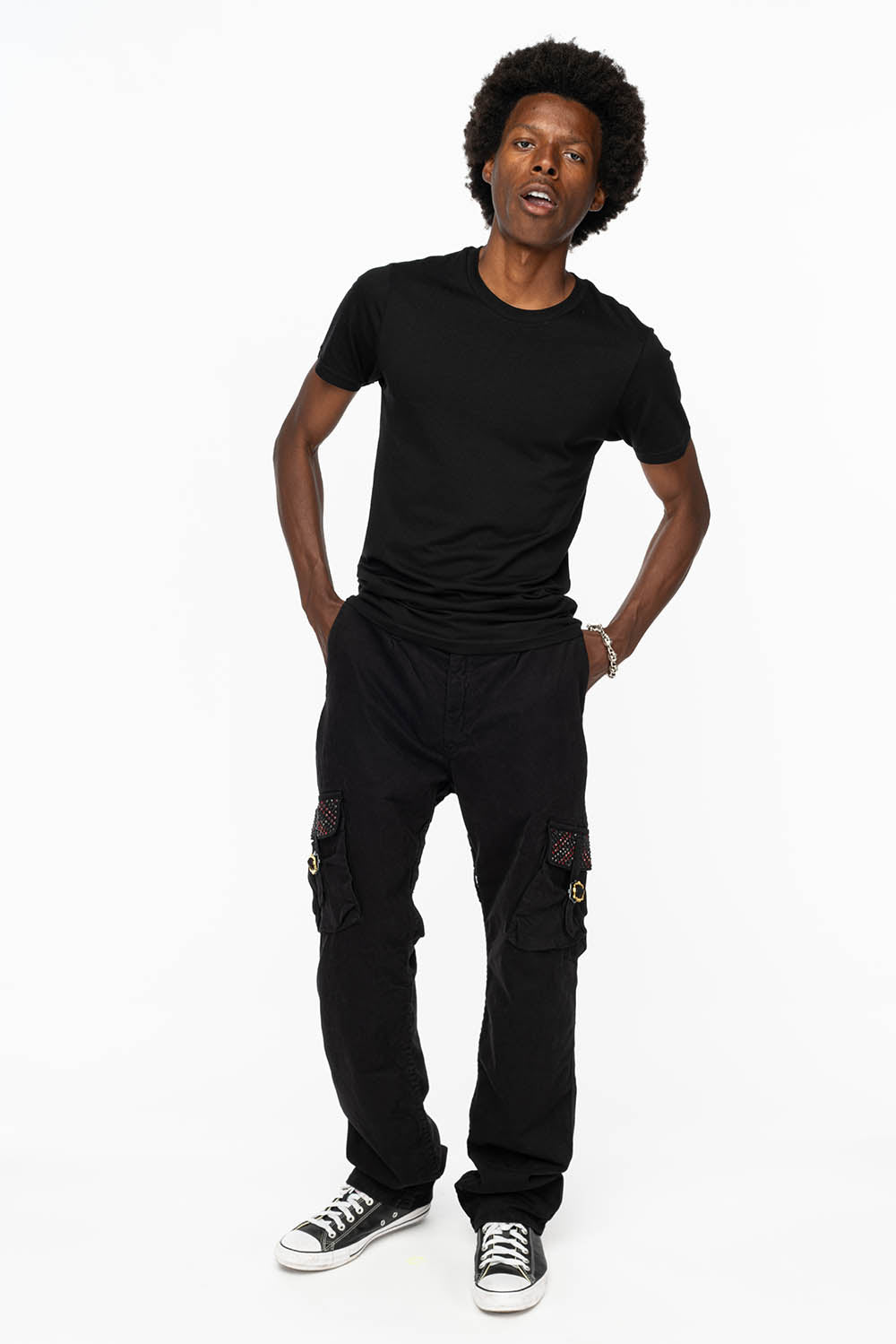 ROBINS NEW MILITARY STYLE CARGO PANTS IN BLACK WITH JET BLACK AND RED CRYSTALS