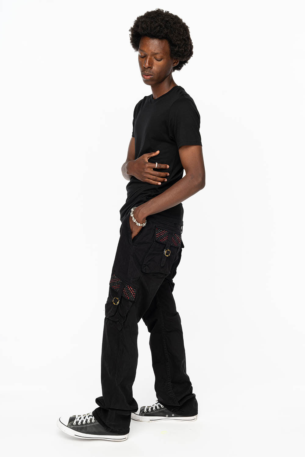 ROBINS NEW MILITARY STYLE CARGO PANTS IN BLACK WITH JET BLACK AND RED CRYSTALS