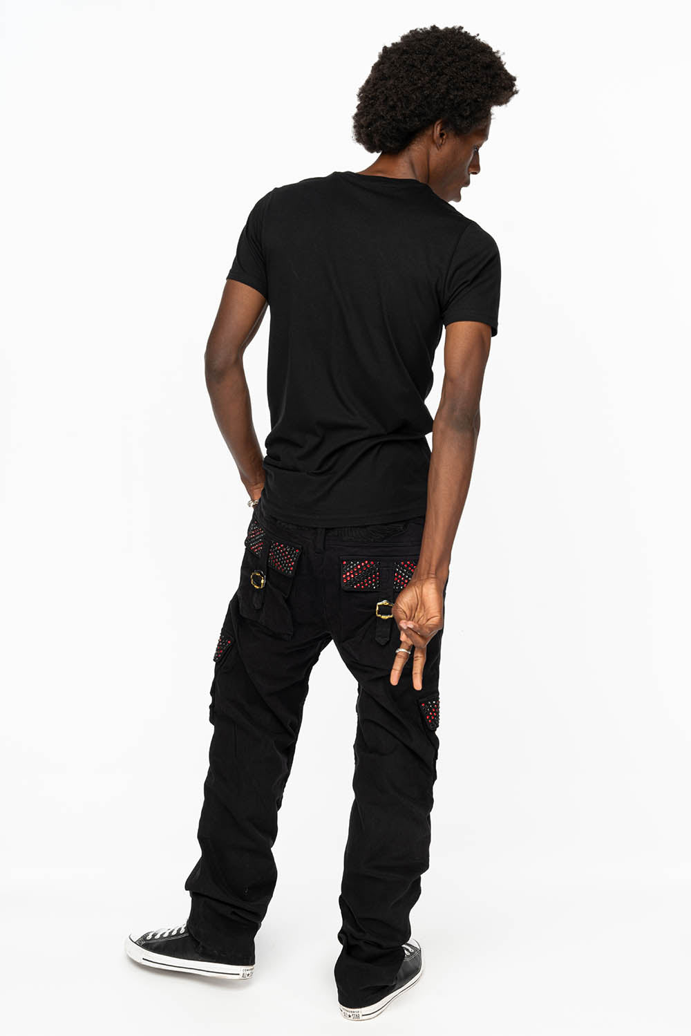 ROBINS NEW MILITARY STYLE CARGO PANTS IN BLACK WITH JET BLACK AND RED CRYSTALS