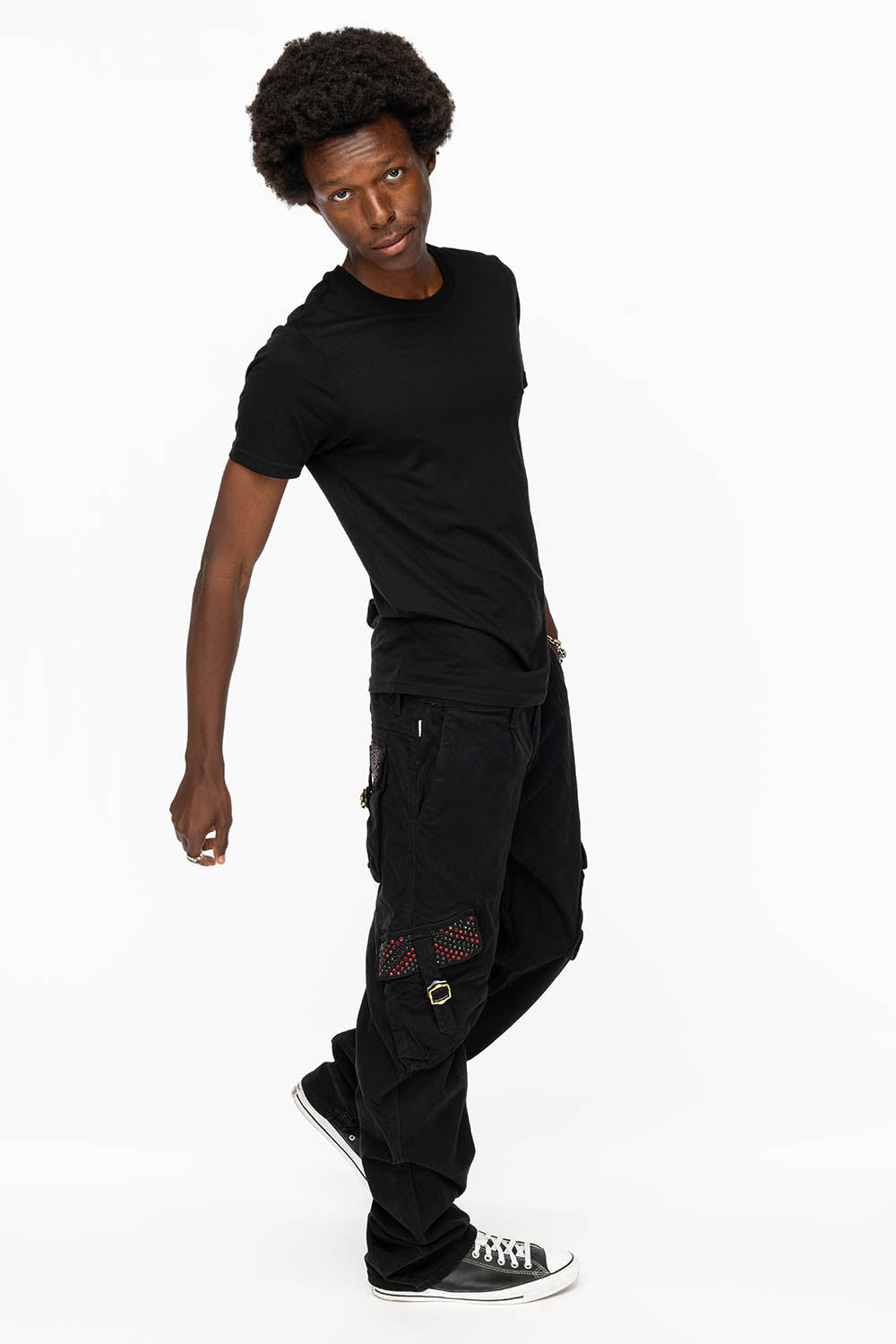 ROBINS NEW MILITARY STYLE CARGO PANTS IN BLACK WITH JET BLACK AND RED CRYSTALS