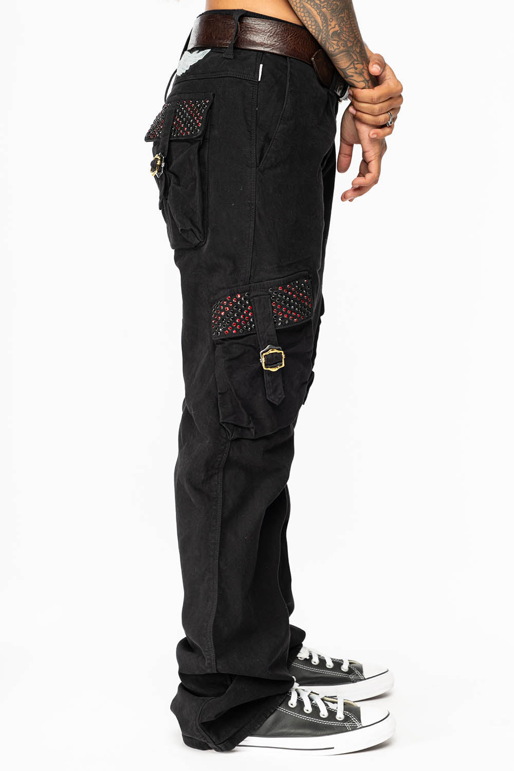 ROBINS NEW MILITARY STYLE CARGO PANTS IN BLACK WITH JET BLK AND RED CRYSTALS