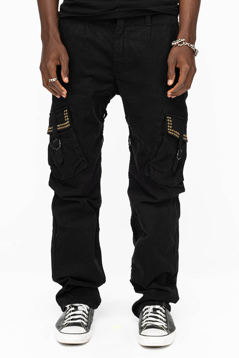 ROBINS NEW MILITARY STYLE CARGO PANTS IN BLACK WITH BLK DIAMOND CRYSTALS