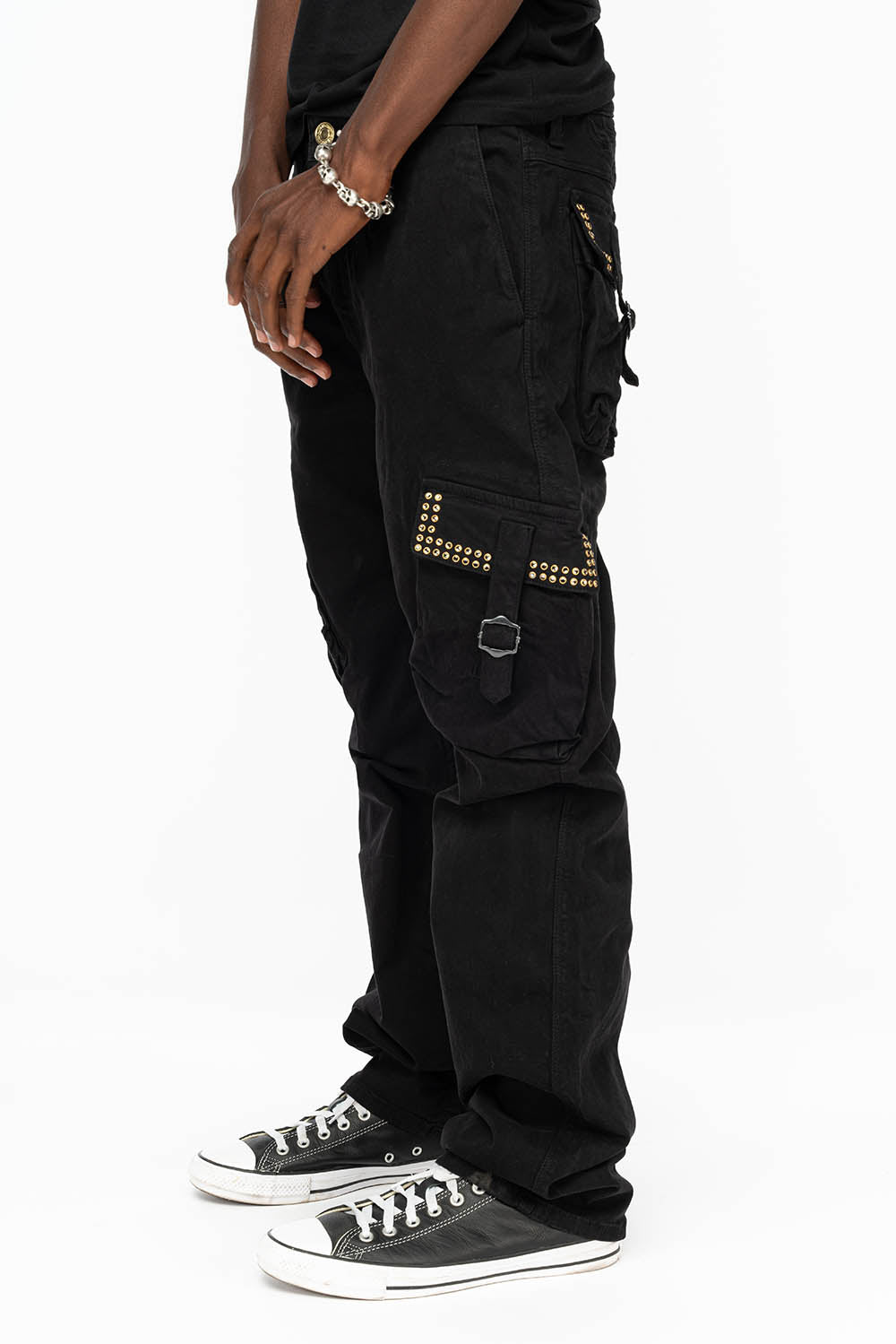 ROBINS NEW MILITARY STYLE CARGO PANTS IN BLACK WITH BLK DIAMOND CRYSTALS