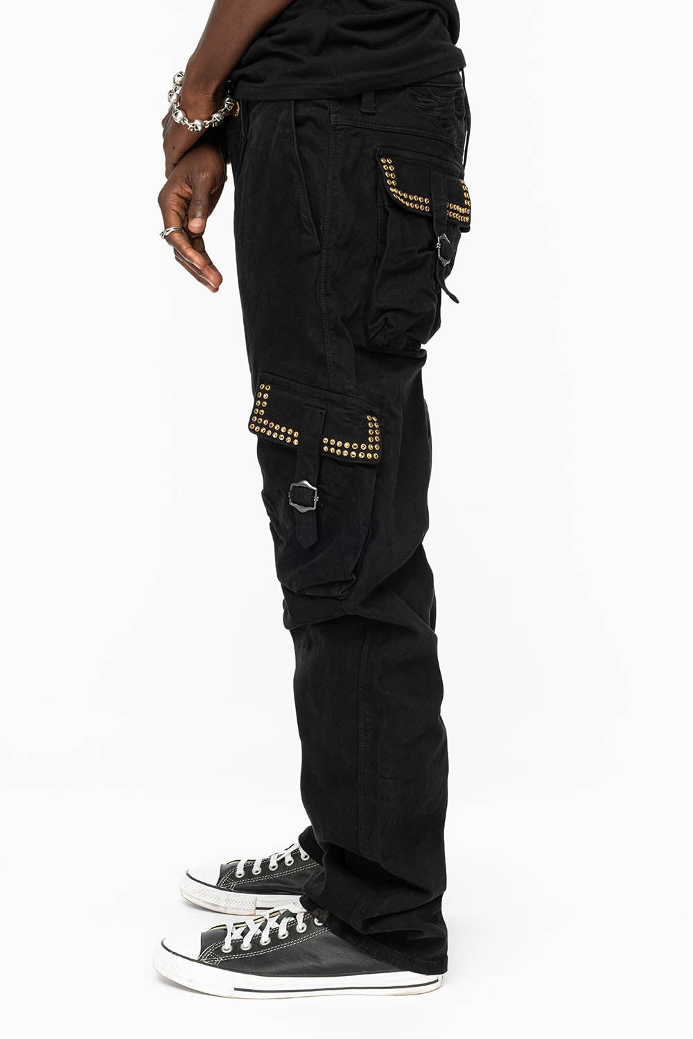 ROBINS NEW MILITARY STYLE CARGO PANTS IN BLACK WITH BLK DIAMOND CRYSTALS