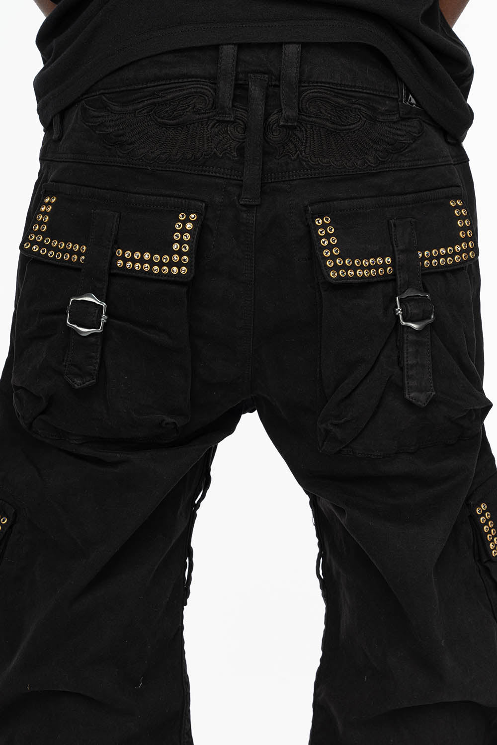 ROBINS NEW MILITARY STYLE CARGO PANTS IN BLACK WITH BLK DIAMOND CRYSTALS