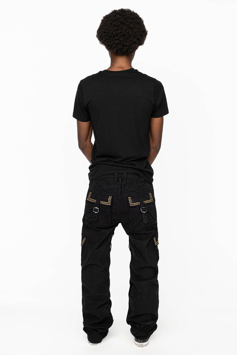 ROBINS NEW MILITARY STYLE CARGO PANTS IN BLACK WITH BLK DIAMOND CRYSTALS