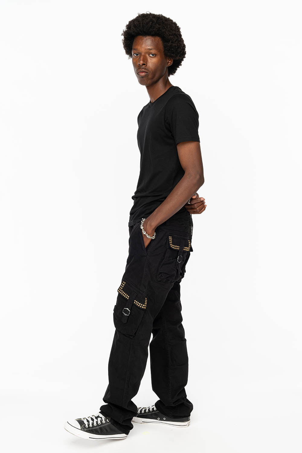 ROBINS NEW MILITARY STYLE CARGO PANTS IN BLACK WITH BLK DIAMOND CRYSTALS