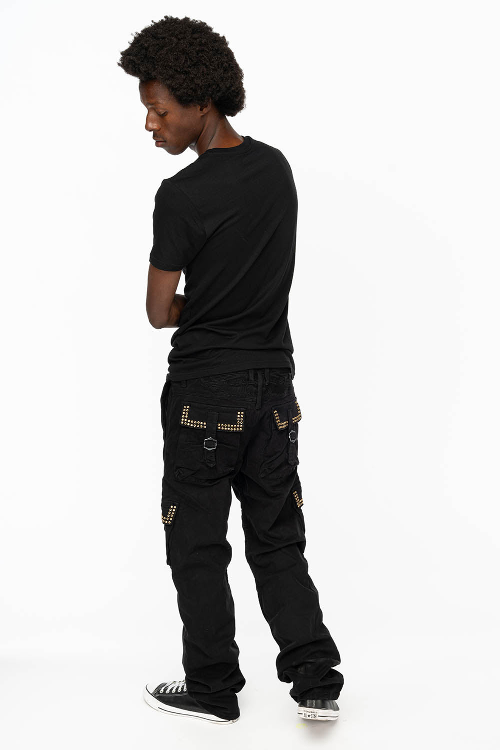 ROBINS NEW MILITARY STYLE CARGO PANTS IN BLACK WITH BLK DIAMOND CRYSTALS