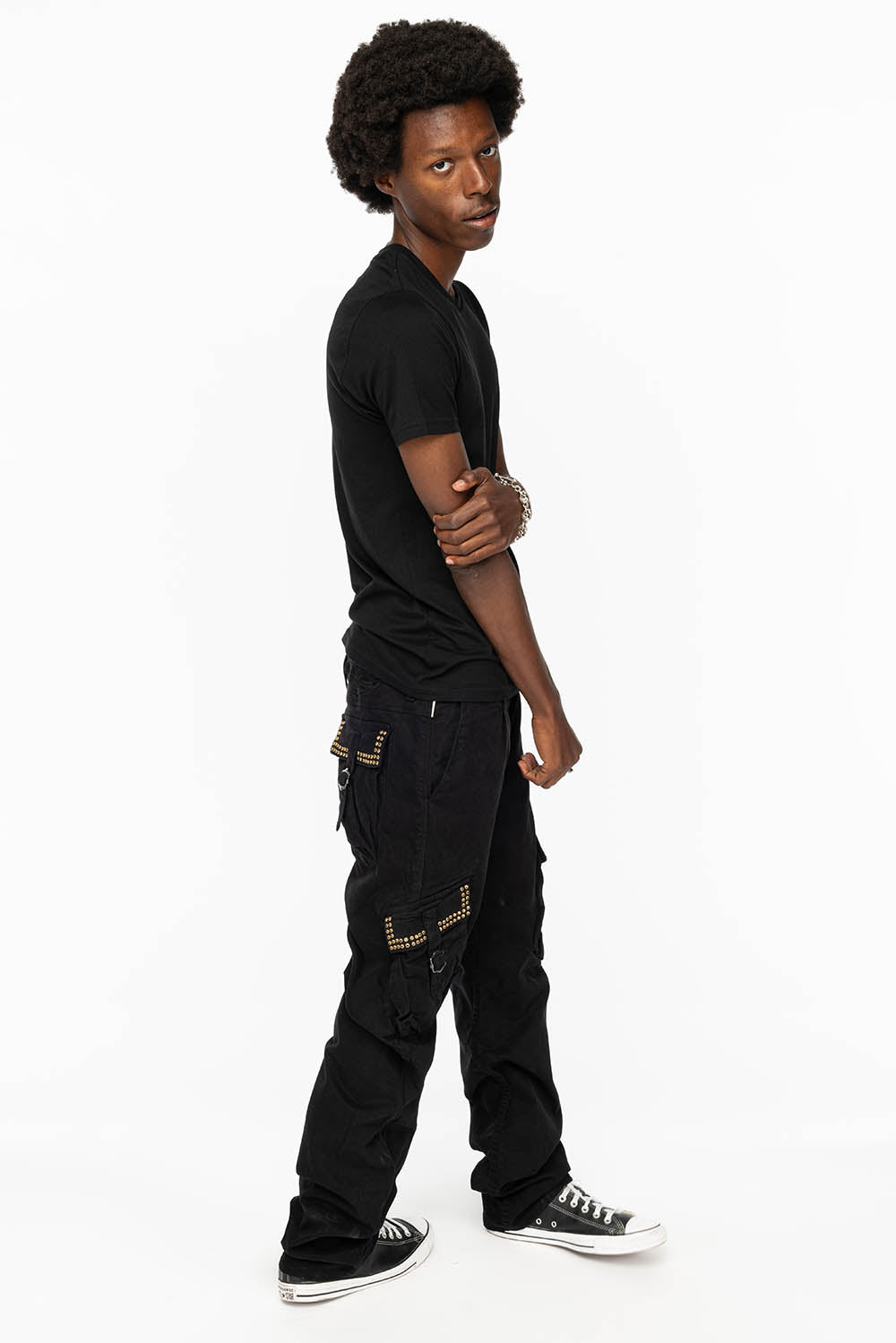 ROBINS NEW MILITARY STYLE CARGO PANTS IN BLACK WITH BLK DIAMOND CRYSTALS