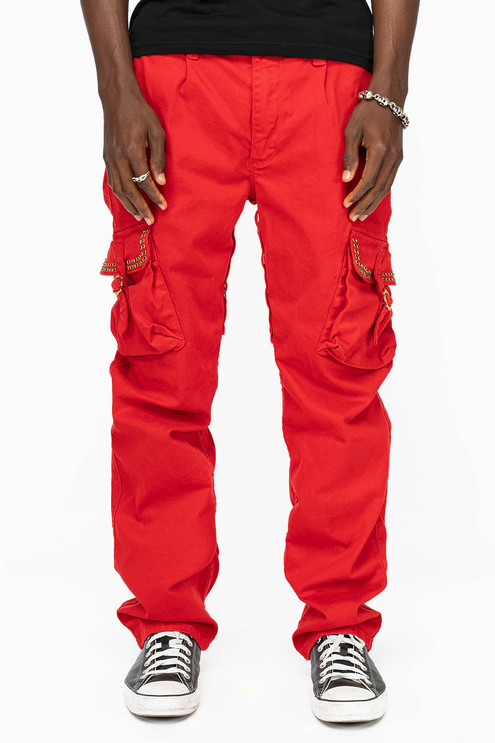 ROBINS NEW MILITARY STYLE CARGO PANTS IN RED WITH JET BLK CRYSTALS