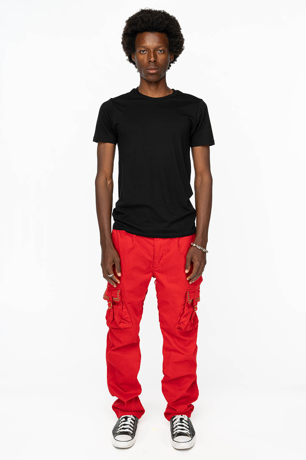 ROBINS NEW MILITARY STYLE CARGO PANTS IN RED WITH JET BLK CRYSTALS