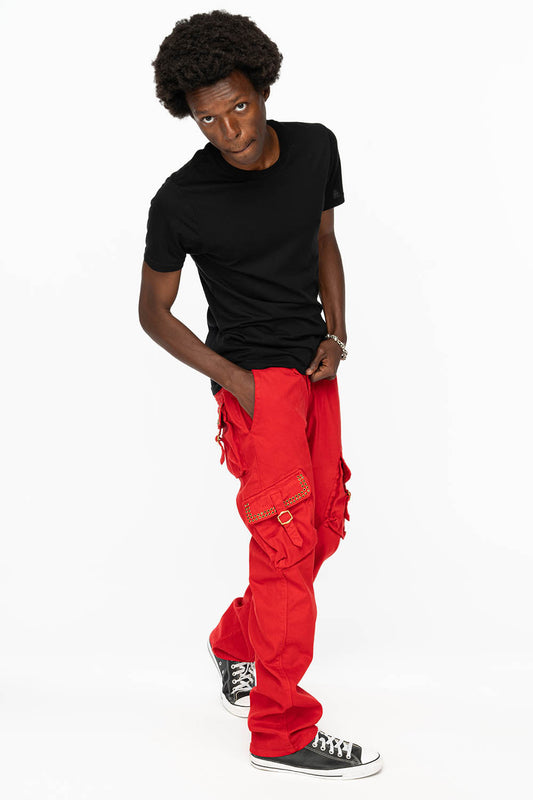 ROBINS NEW MILITARY STYLE CARGO PANTS IN RED WITH JET BLK CRYSTALS