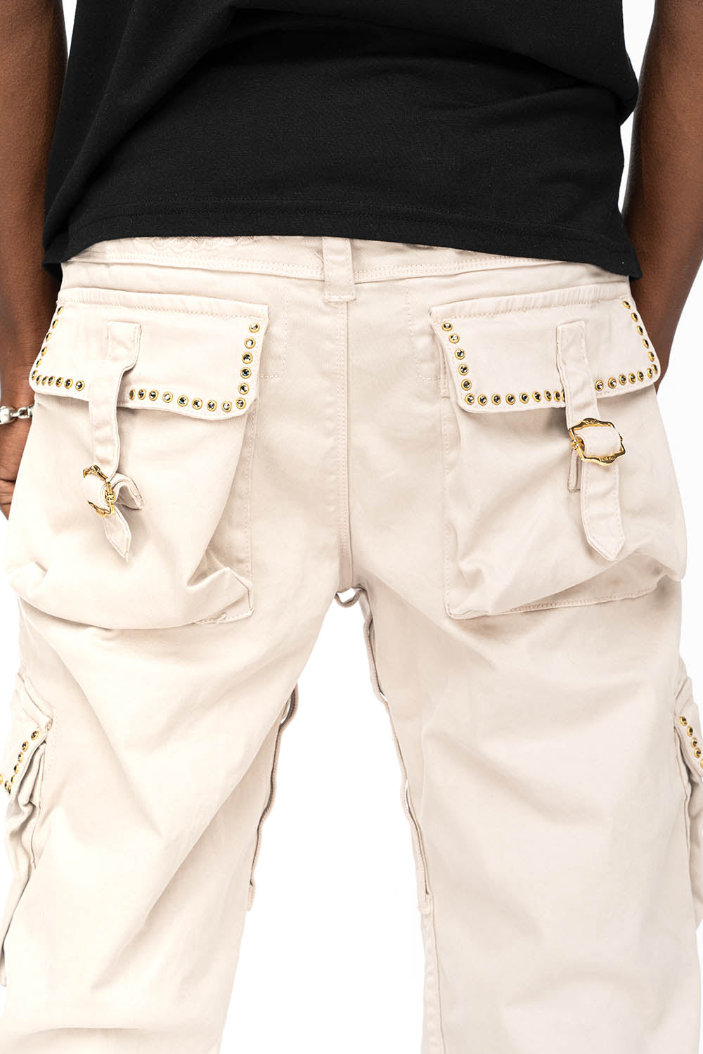 ROBINS NEW MILITARY STYLE CARGO PANTS IN STONE COLOR WASH WITH  BLACK DIAMOND CRYSTALS