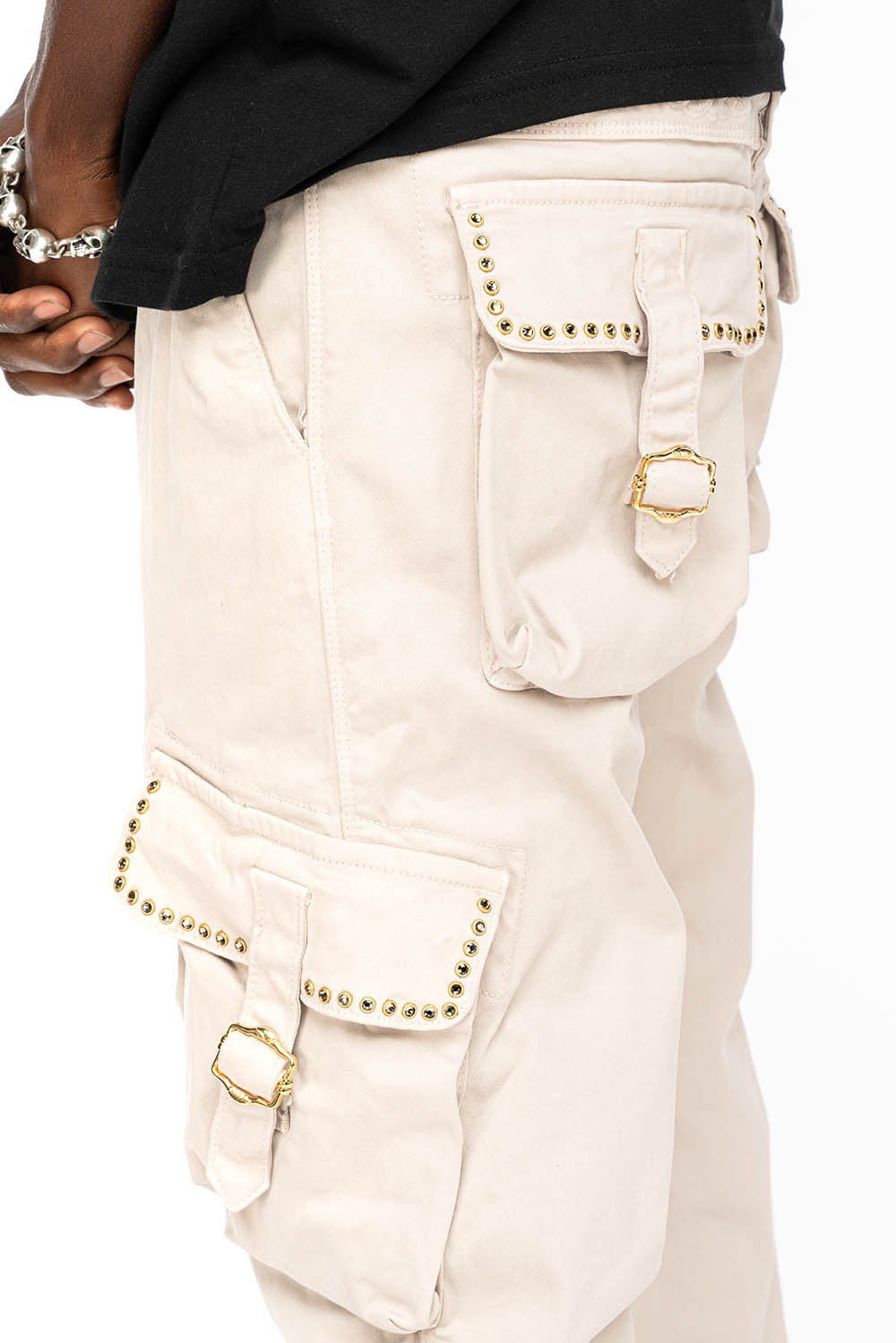 ROBINS NEW MILITARY STYLE CARGO PANTS IN STONE COLOR WASH WITH  BLACK DIAMOND CRYSTALS