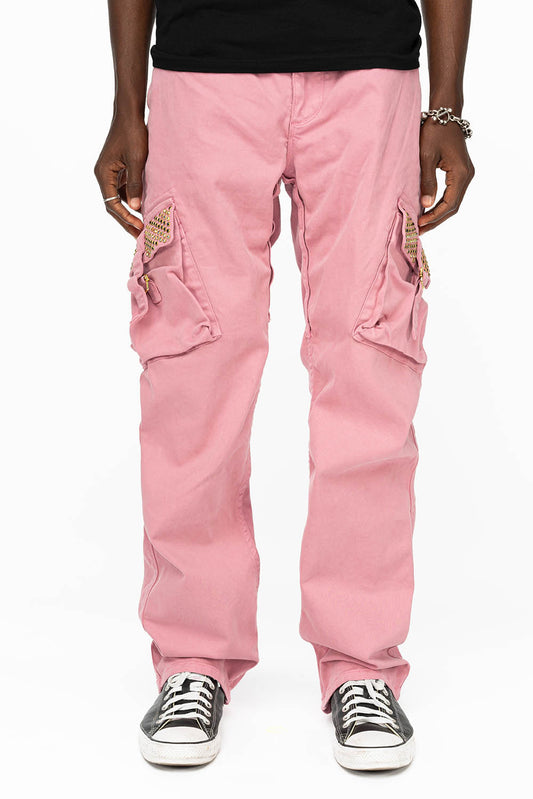 ROBINS NEW MILITARY STYLE CARGO PANTS IN PINK WITH CRYSTAL AB AND MONTANA CRYSTALS